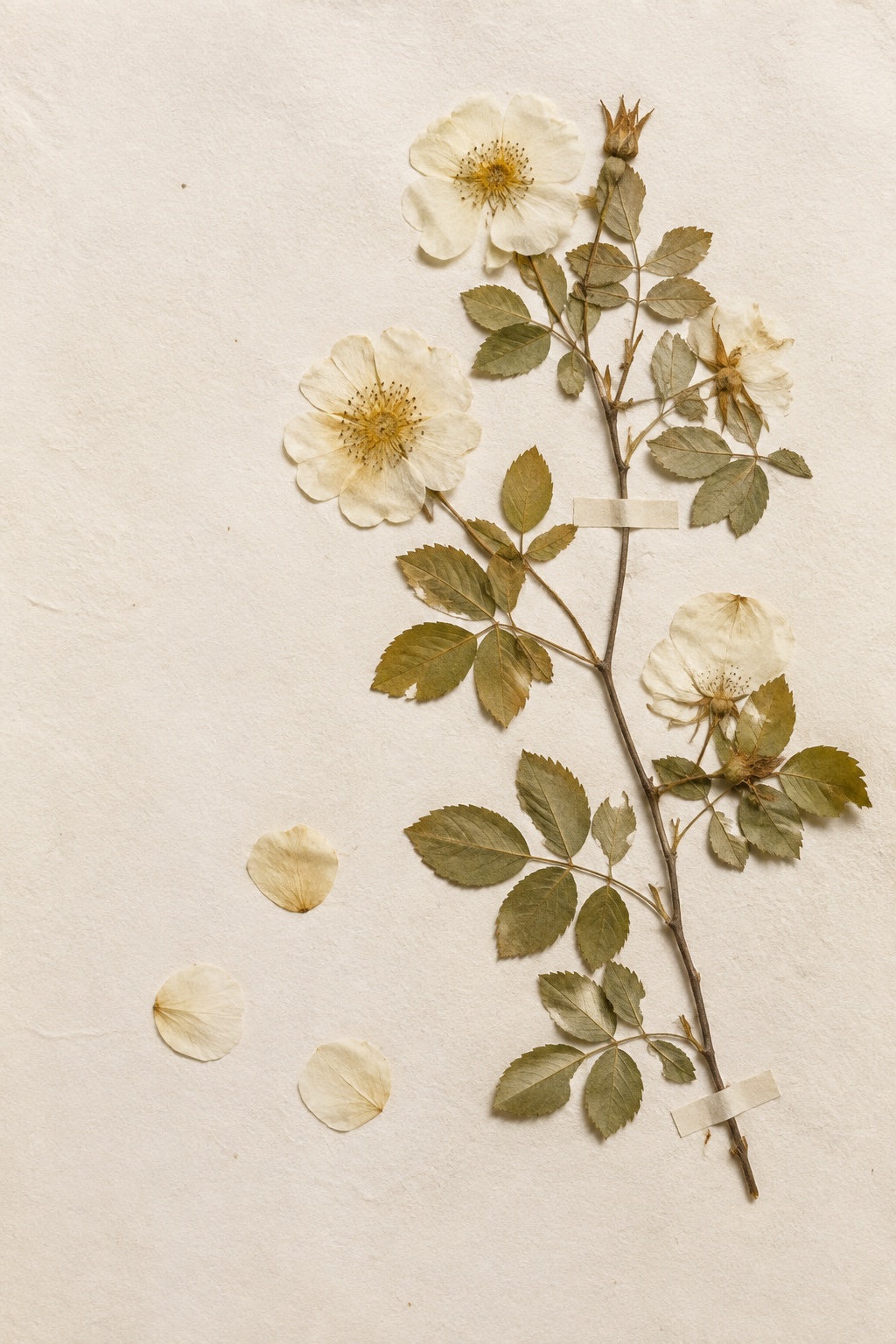 Pressed cream wild-rose branch mounted on warm rag paper
