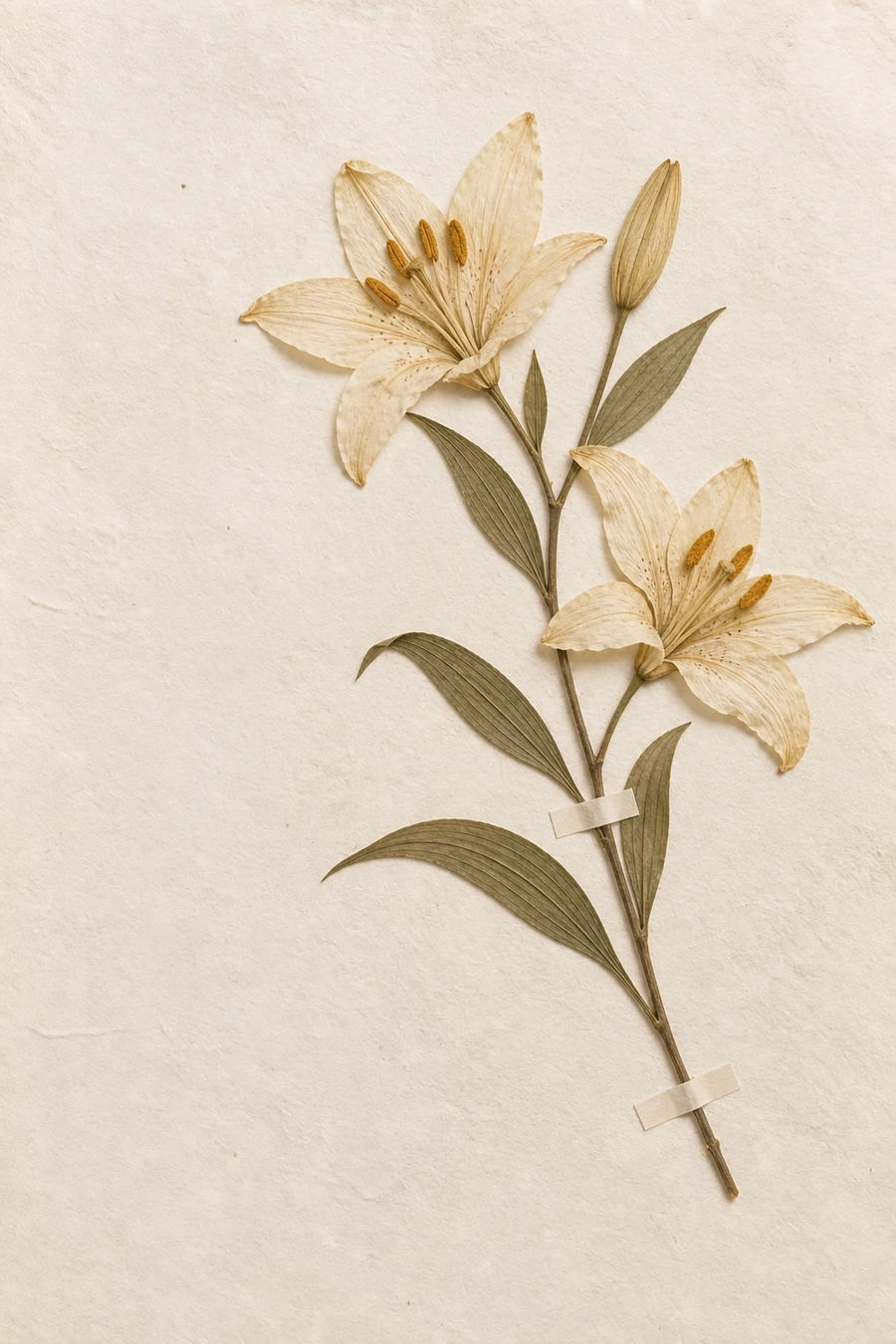 Pressed ivory lily mounted with generous margins on warm ivory paper