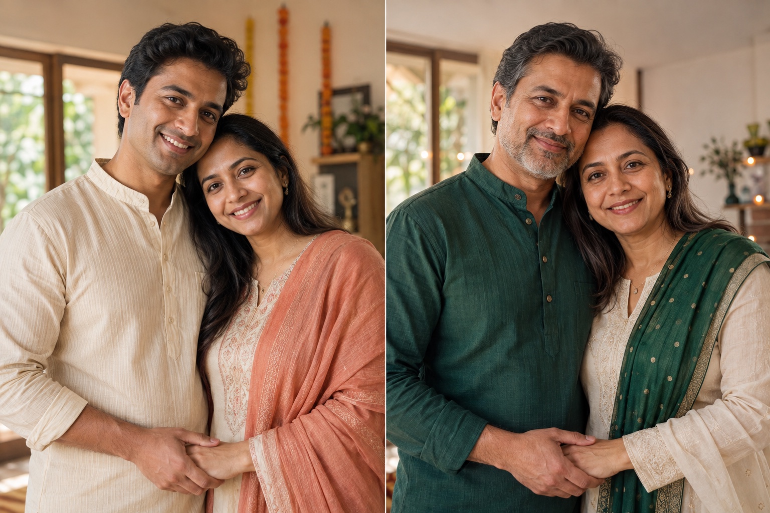Earlier and current portraits of the couple