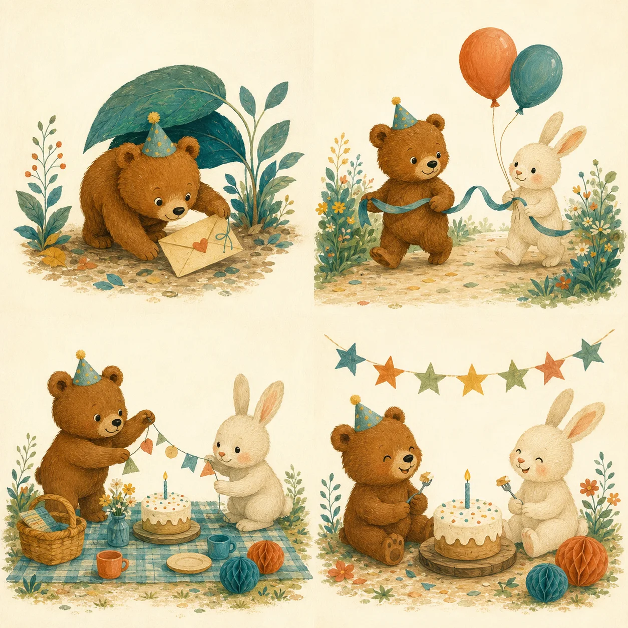 A bear cub finds a birthday envelope beneath a leaf