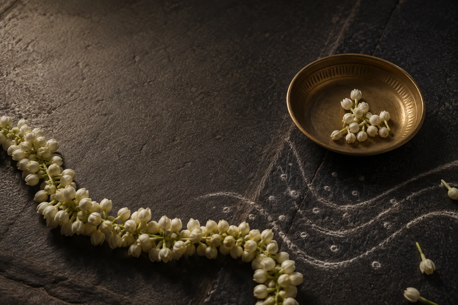 Jasmine buds and a brass bowl on charcoal stone, beside delicate chalk curves.