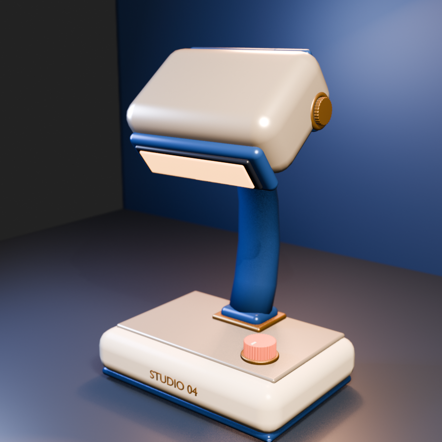 Studio04 desk light with a warm porcelain head, cobalt support, brass details, and coral dial